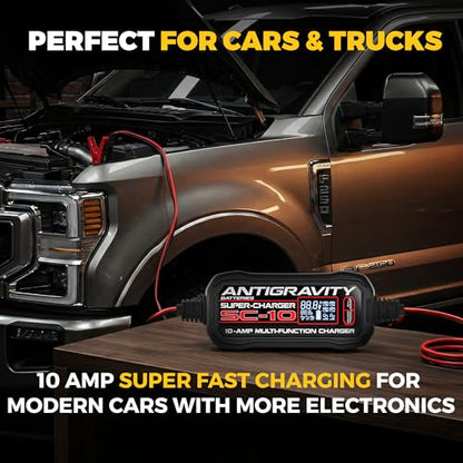 Antigravity SC-10 Super-Charger 10A Smart Battery Charger & Maintainer for 6V/12V Lithium (LiFePO4) & 12V Lead-Acid Batteries – Wall-Powered, LCD Display, Power Supply Mode, BMS Reset
