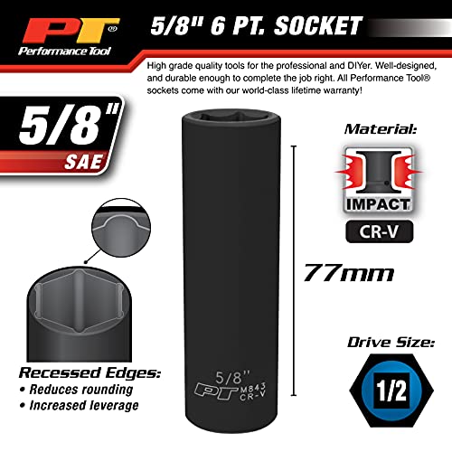 Performance Tool M843 1/2 Drive Impact Socket, 5/8 - Chrome Vanadium, 6 Point Deep Steel Socket for Heavy Duty Automotive and DIY Applications - size: 5/8", style: Deep Wall Impact
