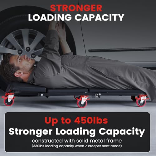 KROAK Creeper, 40 Inches 4 in 1 Z Creeper Seat 2025 Upgraded 450 lbs Capacity Garage Chair Adjustable Rolling Folding Car Creeper with 6 pcs 3" Wheels,Lay Down or Sit for Garage, Shop, Auto Repair