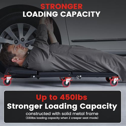 KROAK Creeper, 40 Inches 4 in 1 Z Creeper Seat 2025 Upgraded 450 lbs Capacity Garage Chair Adjustable Rolling Folding Car Creeper with 6 pcs 3" Wheels,Lay Down or Sit for Garage, Shop, Auto Repair
