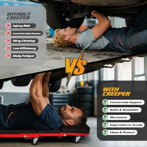 Magshion 40" Triplex Folding Creeper and Rolling Seat 2-in-1 330 lbs Capacity Foldable Mechanic Creeper Garage Stool Lay Down or Sit (Red) - color: Red, size: 40"