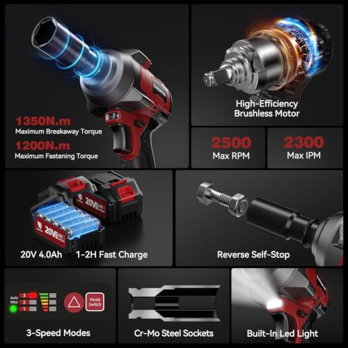 ARCCAPTAIN Cordless Impact Wrench 996Ft-lbs(1350N.m), 1/2 Inch High Torque Impact Gun, 20V 2x4.0Ah Batteries & Fast Charger, 3 Variable Speeds, LED Light, High-Rate Impact Driver for Truck/Car/Pickup