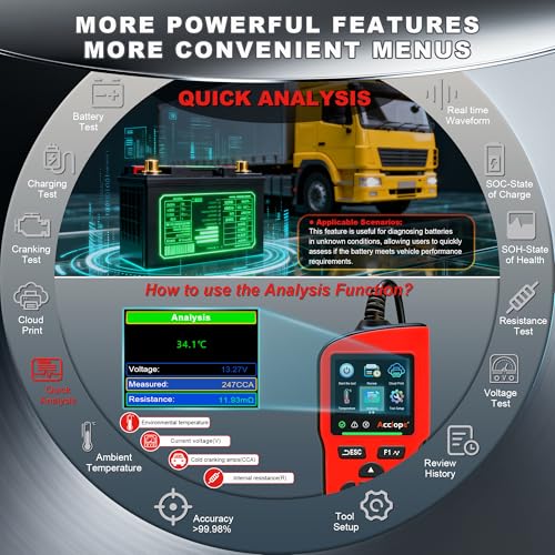 BT90 PRO 2-360Ah Battery Tester with Cloud Printing, 30-3800 CCA, 6V/12V/24V Digital Analyzer, SOH/SOC/Volt/Res/Cranking&Charging Test, Real‑Time Ambient Temp, AGM/EFB/Gel/Li - color: RED