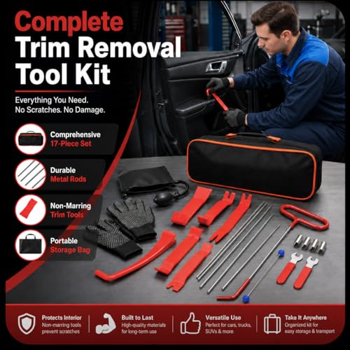 HIGH & SKY 17 PCS Car Tool Kit – Solid Steel Rod 68 Inch with Air Wedge & Pump | Multipurpose Car Repair Tool Kit for Vehicles, Home & Garage Use