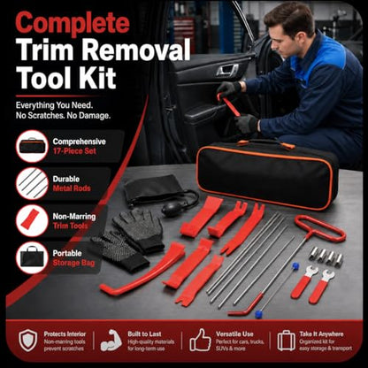 HIGH & SKY 17 PCS Car Tool Kit – Solid Steel Rod 68 Inch with Air Wedge & Pump | Multipurpose Car Repair Tool Kit for Vehicles, Home & Garage Use