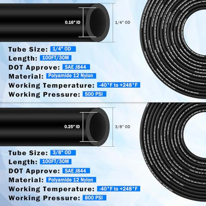 90 Pcs DOT Air Line with Quick Connect Air Fittings Kit 2 Roll 100FT 1/4" and 3/8" DOT Air Lines Kit with 88 Pcs Push Lock Air Line Fittings Pneumatic Push to Connect Air Hose Fitting - size: 90 PCS-100FT 1/4+3/8