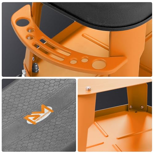 PM PERFORMOTOR Adjustable Height Pneumatic Garage Seat Rolling Mechanic Stool with Tool Tray Storage,300lbs Max Weight Capacity, Orange,PM-TOL-RTS-OG
