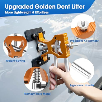 Car Dent Puller, Effortless Dent Removal Tool Kit with Strong Adhesive Glue Sticks & 100W Hot Glue Gun, Trim Removal & Air Wedge, Paintless Dent Repair for Auto Door Dings, Hail or Hood