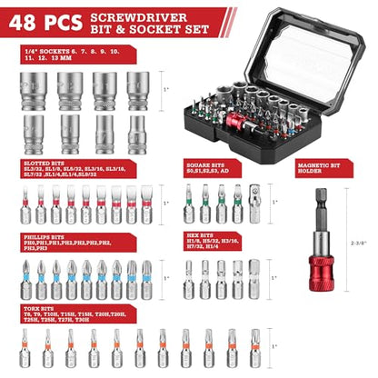 ARROW 48-Piece 1/4" Screwdriver Bit & Socket Set, S2 Steel Drill Bits | Color-Coded Bits with Magnetic Bit Holder, 6–13mm CRV Sockets, Compatible with Power Drill, Screwdriver & Mini Ratchet Wrench - style: 48 PCS Screwdriver Bit & Socket Set