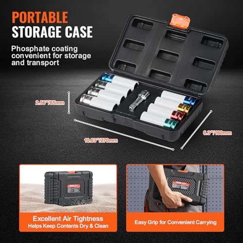 VEVOR 9-Piece Lug Nut Impact Socket Set 1/2 Inch Drive, Metric and SAE, 6-Point, CR-MO, Deep Wheel Protector Impact Socket Set With Storage Case and Extension Bar for Auto Repair