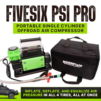 MORRFlate Air Compressor FiveSix PSI Pro With Auto Shut Off Mode | Portable Single Cylinder 5.6 CFM 12V Offroad Air Compressor with 4FT Hose | Set Your PSI and Walk Away | Includes Bag and Gloves