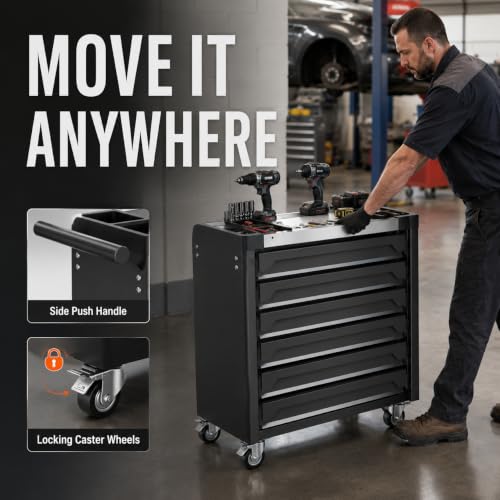 7-Drawer Rolling Tool Chest, Tool Box Lockable Metal Tool Cabinet with Side Storage Cabinet, Ball Bearing Slides Steel Organizer,Heavy-Duty Powder-Coated Tool Cart for Garage Workshope, Black - size: 7 Drawers- Black