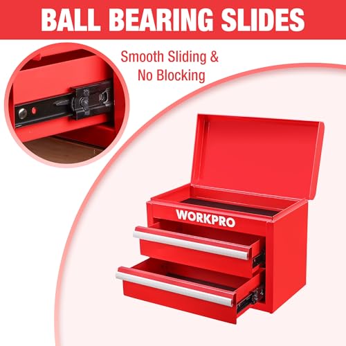 WORKPRO Metal Mini Tool Box with 2 Drawers and Top Storage | Cold Rolled Steel Toolbox, Ball Bearing Slides, PVC Drawer Liners, PP Feet Pads, Durable Storage - color: Red