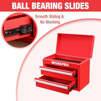 WORKPRO Metal Mini Tool Box with 2 Drawers and Top Storage | Cold Rolled Steel Toolbox, Ball Bearing Slides, PVC Drawer Liners, PP Feet Pads, Durable Storage - color: Red