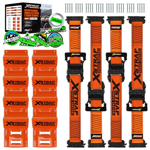 XSTRAP STANDARD 4-Pack Wheel Chock E-Track Tie Down Straps Kit, 2" x 9FT | 4,500lb Break Strength Over-The-Tire Ratchet Straps with Steel Wheel Chocks for ATV, UTV, Lawn Mower, Trailer Hauling, Orange - size: Orange-4PK-9FT
