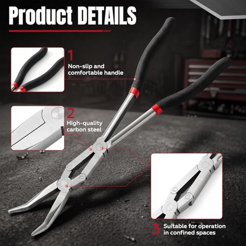 3 Pack 13 Inch Long Reach Needle Nose Pliers Set, Double Rivet with Straight 45° 90° Bent Tips for Automotive Hose Removal, Engine Repair and Tight Spaces