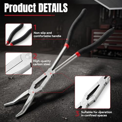 3 Pack 13 Inch Long Reach Needle Nose Pliers Set, Double Rivet with Straight 45° 90° Bent Tips for Automotive Hose Removal, Engine Repair and Tight Spaces