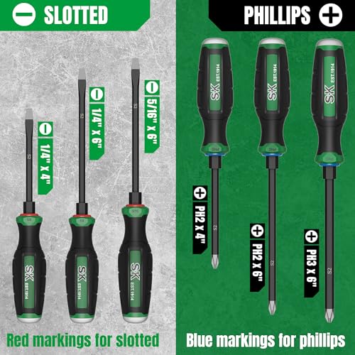 SK 6-Piece Heavy Duty Screwdriver Set, Demolition Driver, Slotted and Phillips, S2 Steel, SureGrip Handle - size: 6PC