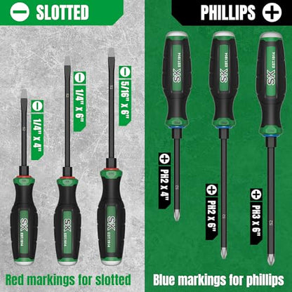 SK 6-Piece Screwdriver Set Heavy Duty, Demolition Screwdriver, S2 Steel | Magnetic Slotted/Phillips Tips, Strike-cap Design for High-impact, Hex Bolster, SureGrip Handle - size: 6PC