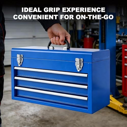 TCE 3 Drawer 20.5" Portable Metal Tool Box: Ball-Bearing Slides and 2 Metal Latches for Secure Closure in Garage, Home or Workbench, Blue - size: 20.5 inch