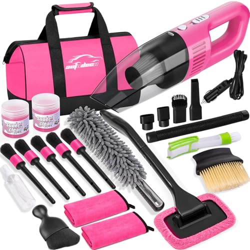 Car Cleaning Kit, Car Vacuum Interior Detailing Cleaner Kit with High Power Handheld Vacuum, Brush Set, Windshield Tool, Duster, Towels, Complete Car Care Tools for Women (Pink) - color: Pink