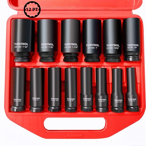 TONYNOL 1/2 Inch Deep Drive Impact Socket Set,12-Point,SAE(3/8" to 1-1/4"),14 Pcs,Cr-Mo Steel,With a Storage Case - size: 1/2" 14PC Deep SAE (9.5-32mm), style: 12-Points