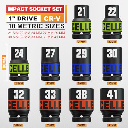 10 Piece 1-Inch Drive Impact Socket Set, 21-41mm Jumbo Sockets, Metric Alxe Nut Sockets for Automotive Repair, Equipment Maintenance - size: 1 Inch Metric Axle