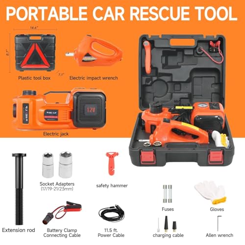E-HEELP Electric Car Jack Kit 5Ton 12V Hydraulic Car Jack Lift (Lifting Range: 6.1~17.7 inch) with Electric Impact Wrench for SUV MPV Sedan Truck Change Tires Garage Repair