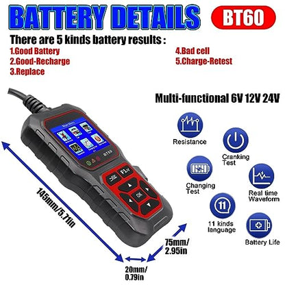 12V/24V Automotive Battery Tester Digital Auto Battery Analyzer Charging Cranking Tester for Car Truck Motorcyle Vehicle RV