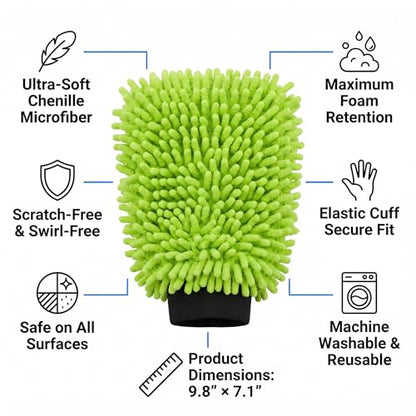 Premium Car Wash Mitt Microfiber - Scratch-Free Lint-Free, Ultra-Soft Chenille Material, (7.1"x9.8") 1 Pack, for Car Washing, Interior & Home Cleaning (Green) - color: Green