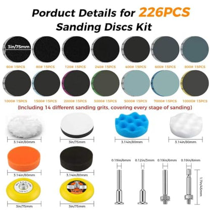 226pcs 3 Inch Sanding Disc Headlight Buffing Sanding Pads Restoration Kit Wet Dry 60 to 10000 Grits Hook and Loop Drill Sanding Attachment with 1/4" 1/8" Shank for Car Wood Metal Glass Resin