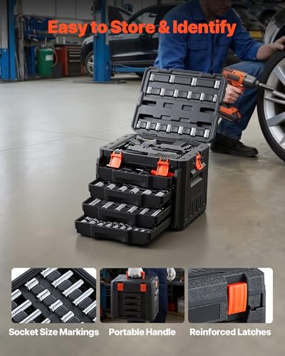 VEVOR Mechanics Tool Set, 230-Piece Mechanic Tool Kit, 1/4 in, 3/8 in, and 1/2 in Drive, SAE and Metric Socket Set, Wrenches, Screwdriver Bits, Accessories, and Storage Case, for Automotive Repair - size: 1/4"&3/8"&1/2", style: 230 PCS