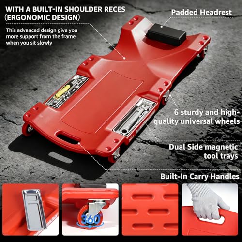 Mechanic's Creeper, 40" Heavy-Duty Creepers with Magnetic Tray, High Quality&Durable Casters, Garage Repair 350LBS Capacity, Low Profile Design, Red - color: Red-Tool tray, size: 40in