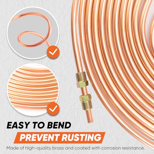 Brake Line Kit, 3/16" + 1/4" Brake Line - Easy to Bend Tubing - 2x 25 ft Copper Coated Brake Line + 32x Brake Line Fittings and 8x Threads Unions - size: 3/16" & 1/4" Brake Line