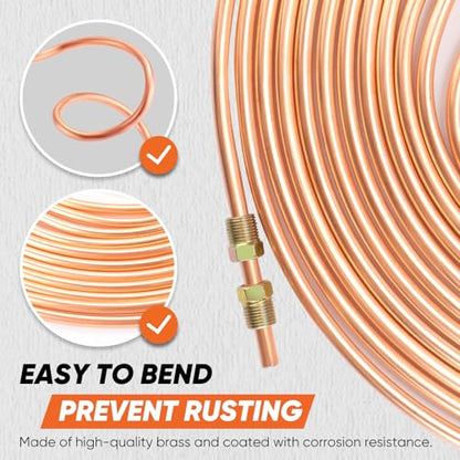 Brake Line Kit, 3/16" + 1/4" Brake Line - Easy to Bend Tubing - 2x 25 ft Copper Coated Brake Line + 32x Brake Line Fittings and 8x Threads Unions - size: 3/16" & 1/4" Brake Line