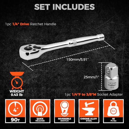 HORUSDY 1/4" Drive 90-Tooth Quick-Release Ratchet Handle with 1/4" to 3/8" Adapter, Reversible Thin Profile Socket Wrench, 4° Swing Arc, Ergonomic Anti-Slip Grip, Ideal for Auto, Bike & Home Repair - style: 1/4" Drive 90T