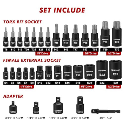 CASOMAN 32-Piece Torx Bit Socket and Female External Socket Set, 14 Star Bits (T8- T70) and 13 Female E-Torx Sockets (E4-E24), Include 5 Impact Socket Adapter - size: 32-Piece (T8-T70 & E4-E24)