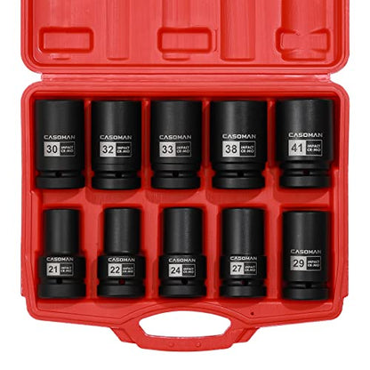 CASOMAN 10PCS 1-Inch Drive Deep Impact Socket Set, Metric, CR-MO, 21,22,24,27,29,30,32,33,38,41mm, Deep Spindle Axle Nut Impact Socket Set - size: Multiple Sizes, style: Deep