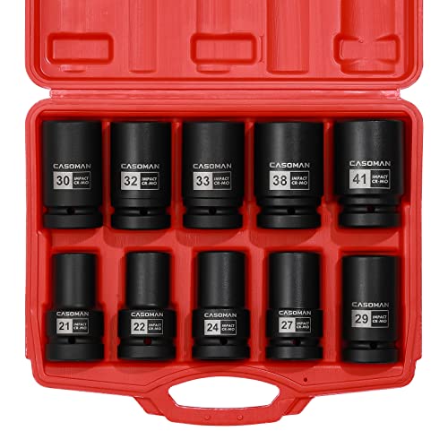 CASOMAN 10PCS 1-Inch Drive Deep Impact Socket Set, Metric, CR-MO, 21,22,24,27,29,30,32,33,38,41mm, Deep Spindle Axle Nut Impact Socket Set - size: Multiple Sizes, style: Deep