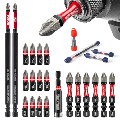 Geinxurn 20Pcs Multi-Size Diamond Coated Impact Screwdriver Bit Set, #2 Phillips Power Driver Bits, Magnetic S2 Steel PH2 Screwdriver Bits Set with 1Pcs Screwdriver Bit Holer - style: MIX-PH2-21PC