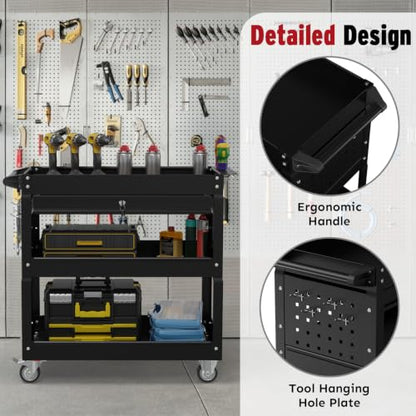 3 Tier Rolling Cart, Heavy Duty Utility Industrial Service Carts on Wheels, Metal Tool Cart with Locked Drawers, Ideal for Garage, Warehouse and Repair Shop（Black） - color: Black