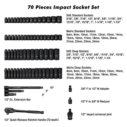 CASOMAN 1/2-inch 70 Pieces Impact Socket Master Set, SAE & Metric from 5/16"-1-1/4",8-24mm, Shallow/Deep Socket with Ratched Hand, Extension Bar and Adapters - size: 1/2"Drive 70pcs Impact Master Socket Set