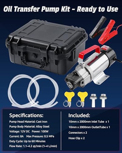 Oil Pump 12V 100W, Oil Extractor Pump for Thick Oil Change, Electric Fluid Transfer Pump for Engine Oil, Gear Oil, Transmission Fluid & Diesel Fuel Removal, 60-Min Runtime for Car, Truck, Boat & Mower