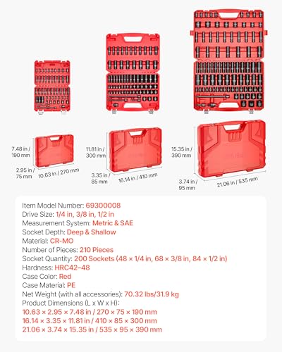 VEVOR 1/4 & 3/8 & 1/2 Inch Drive Impact Socket Set, 210-Piece Metric and Standard Full Sockets, Deep & Shallow, CR-V, 6 Point, Extension Bars, Universal Joint, Three Carrying Cases - style: 1/2" & 3/8" & 1/4" 210PCS