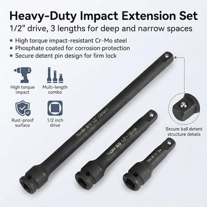 1/2" Drive Impact Socket Extension Bar Set 3Inch / 5Inch / 10Inch Premium Cr-Mo Chrome Molybdenum Steel 3PCS Heavy-Duty Extension Rod Universal Ratchet Wrench Extension Set