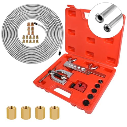 MuHize 25FT 3/16 Inch Brake Line Flaring Tool Kit | Zinc Coated Alloy Brake Line with 16 Fittings & 4 Unions, Includes Double & Single Flaring Tool and Tube Cutter - size: Sliver Brake Line Tool Kit