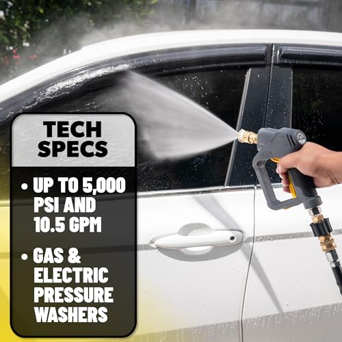 Chemical Guys, Snubby Short Pressure Washer Gun with Foam Cannon Attachment | Short-handle gun fits gas and electric washers for better control, pairs with a foam cannon for thick suds