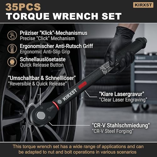 35PCS 1/4" 3/8" 1/2" Drive Click Torque Wrench, 72 Teeth Dual-Direction Adjustable, ±3% Accuracy Click Torque Wrench Set for Car, Motorcycle Maintenance - size: 35Peice
