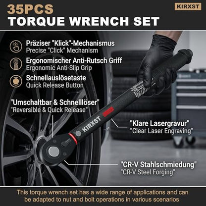 35PCS 1/4" 3/8" 1/2" Drive Click Torque Wrench, 72 Teeth Dual-Direction Adjustable, ±3% Accuracy Click Torque Wrench Set for Car, Motorcycle Maintenance - size: 35Peice