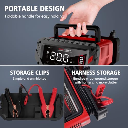20A Car Battery Charger, 12V/24V Smart Battery Maintainer, Trickle Chargers | 12V 20A/24V 10A Smart Fast Battery Chargers for Car, Motorcycle, Boat, Marine, Lead-Acid, Lithium, LiFePo4 Batteries